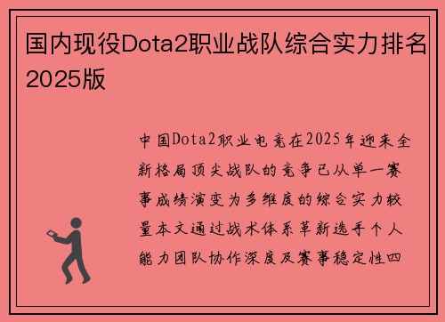 国内现役Dota2职业战队综合实力排名2025版